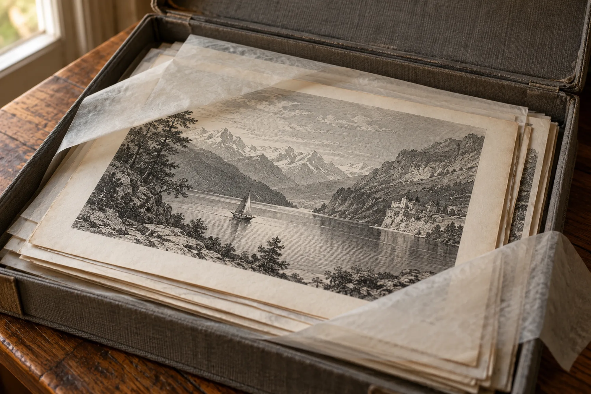 Geöffnete Mappe mit alten Holzstichen, oben ein Stich mit Bergsee und Segelboot (Illustration)